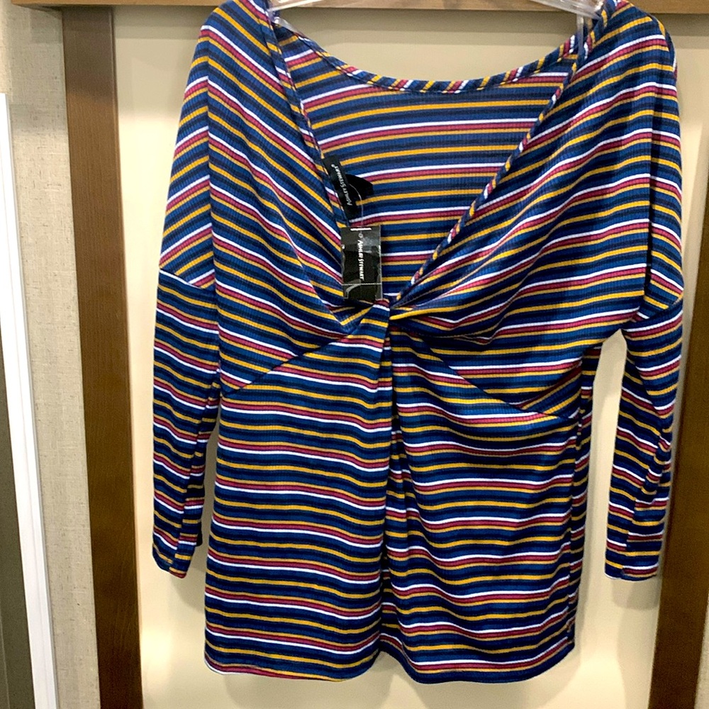 Ashley Stewart Stripe Shirt NEW Sz 14-16 Gold Blue Red White long sleeve stretch